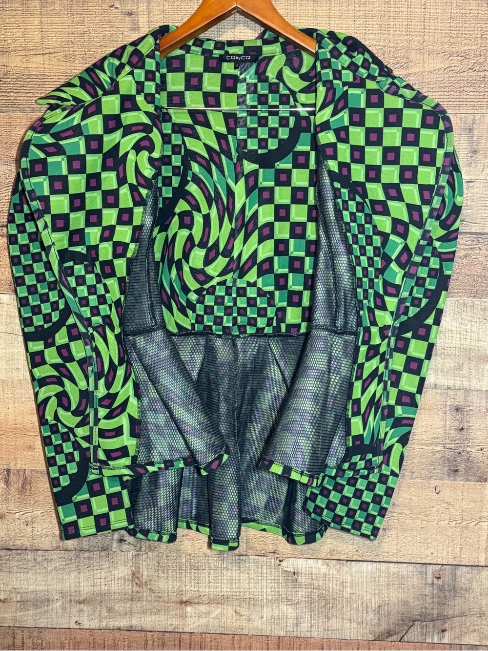 CQ by CQ Optical Checkered Green Puff-Sleeve Peplum Blazer size L Bold Artsy - Picture 6 of 13